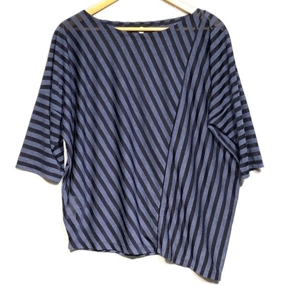 Navy & Blue Stripe Asymmetrical Semi Sheer Top - Picture 1 of 7